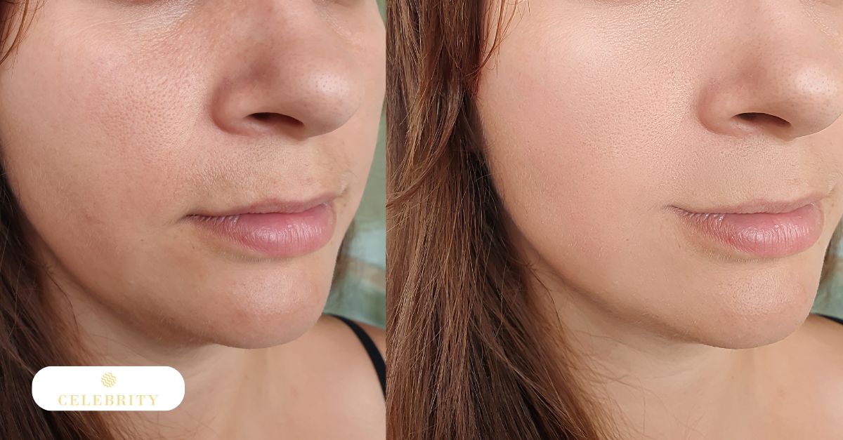 Before and after photos showing a woman’s transformation after permanent hair removal for facial hair