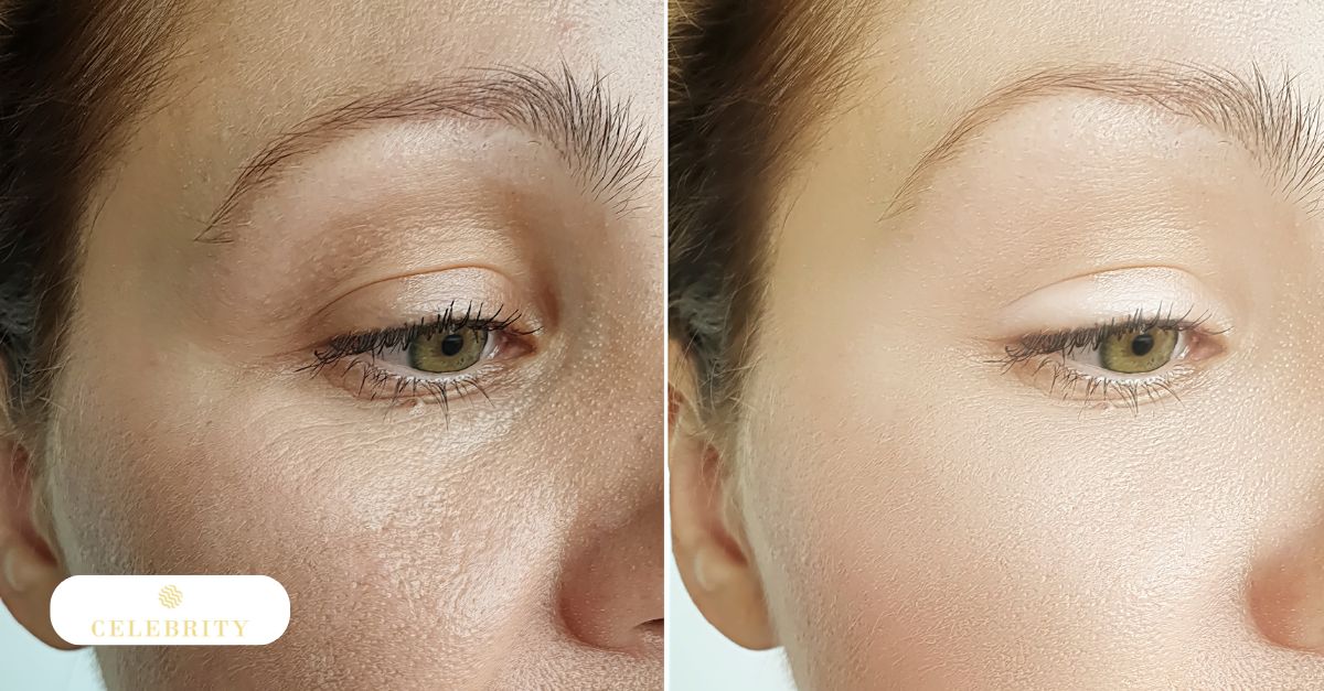 Before and after photos showcasing a woman's eyes following an eyebrow lift filler treatment