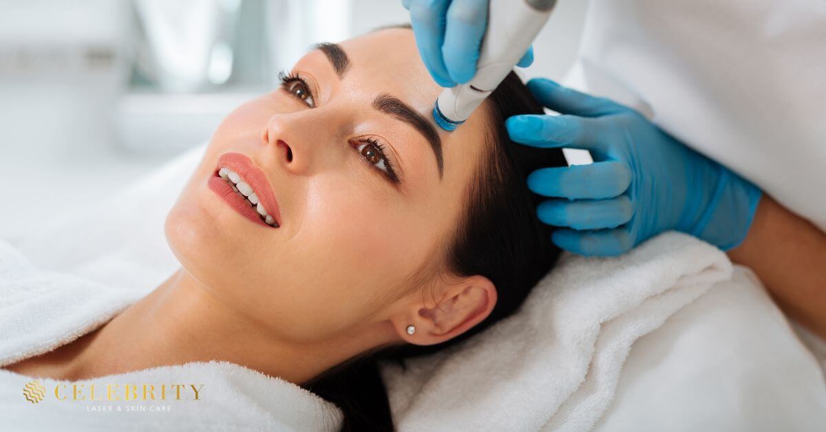 A woman receiving a HydraFacial treatment for oily skin using advanced non-invasive technology