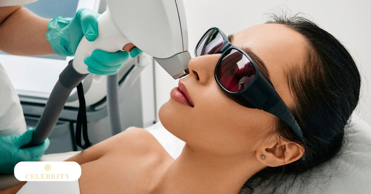 A woman undergoing laser hair removal treatment on her face