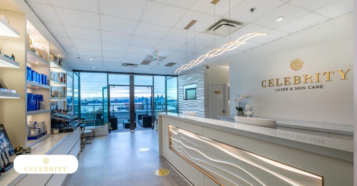 Modern reception area at Celebrity Laser & Skin Care clinic with city view