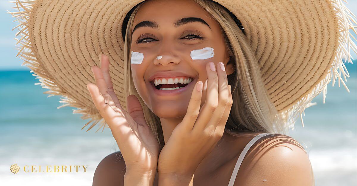 A woman applying sunscreen, highlighting its role in HydraFacial aftercare and sun protection.