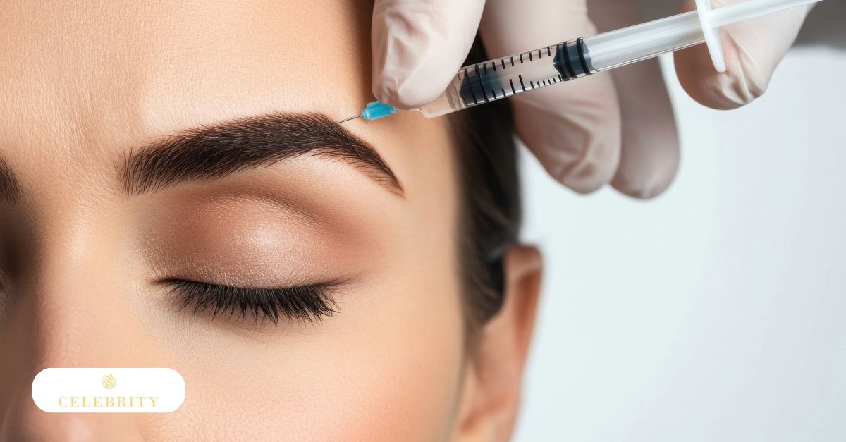 A woman undergoing an eyebrow lift procedure with dermal fillers