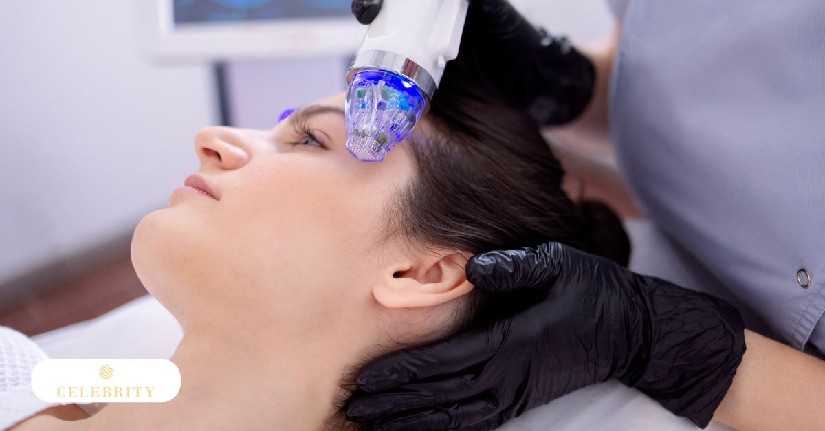 A woman in a spa setting getting a facial treatment with a Morpheus8 device for skin tightening