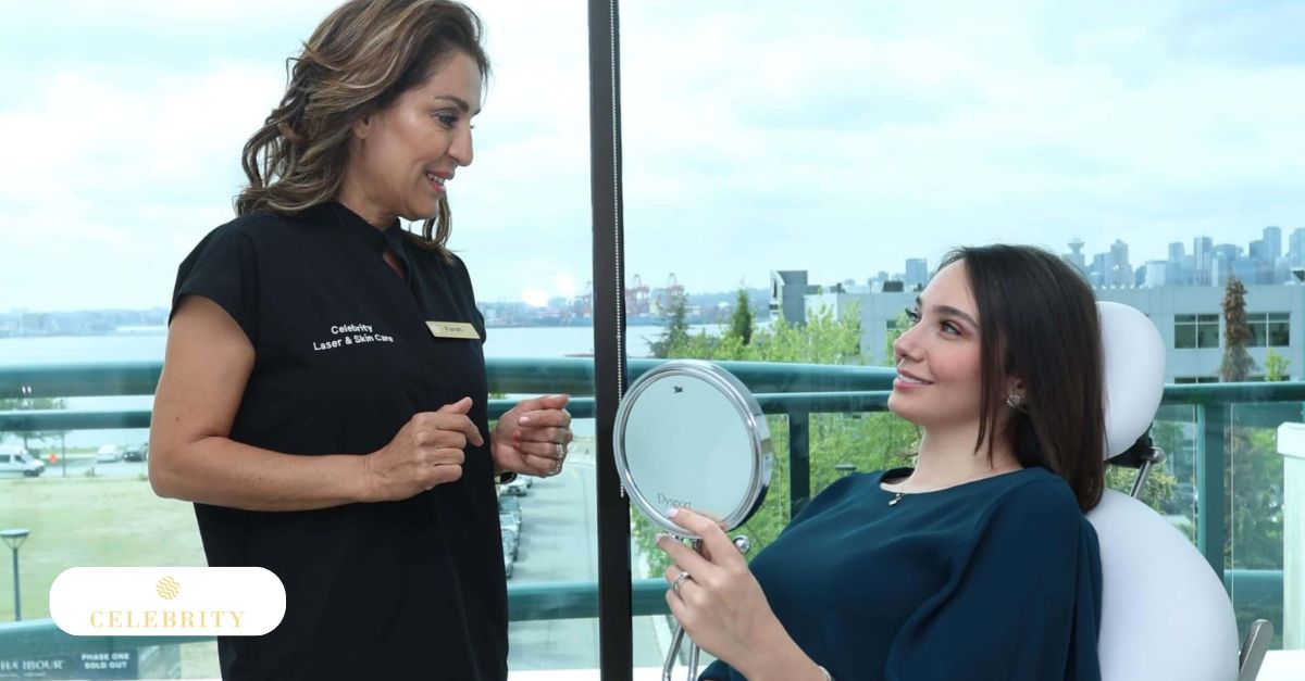 A woman seated with a mirror, consulting with an expert about Morpheus8 for acne treatment at Celebrity Laser & Skin Care