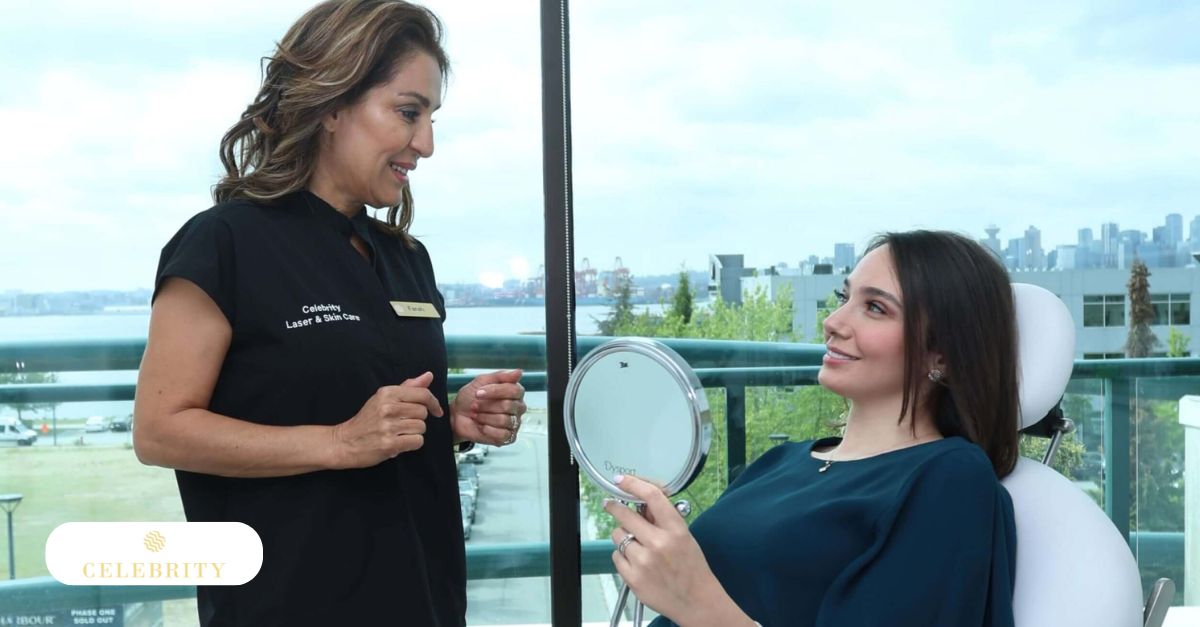 A woman sitting in a chair, looking into a mirror during her eyebrow lifting treatment at Celebrity Laser & Skin Care