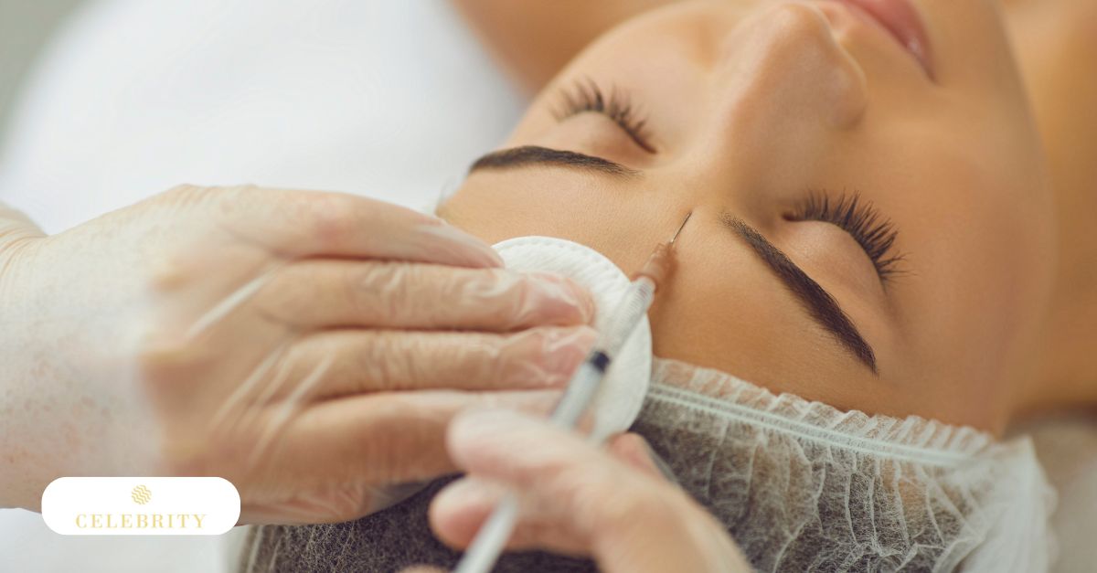 A woman undergoing an eyebrow lift procedure with a needle, focusing on dermal fillers in a professional beauty environment