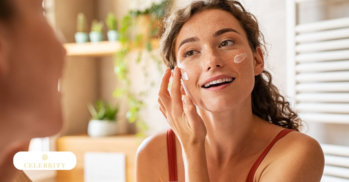 In front of a mirror, a woman is applying a facial cream rich in antioxidants for improved skin health