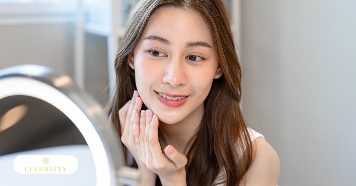 A woman using skin care in front of a mirror, showcasing AviClear as an effective acne treatment for adult skin