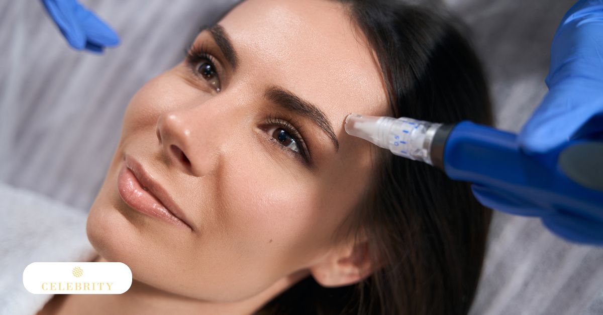 A woman looking confidently at her flawless skin after microneedling