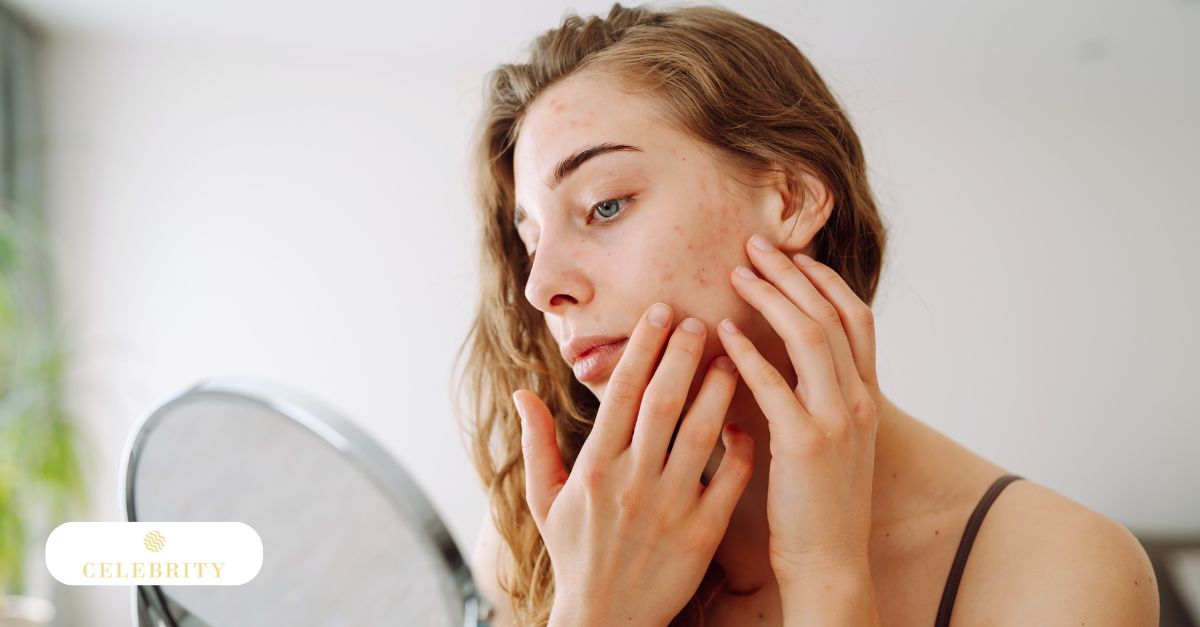 A woman examines her skin in the mirror, possibly addressing irritation.