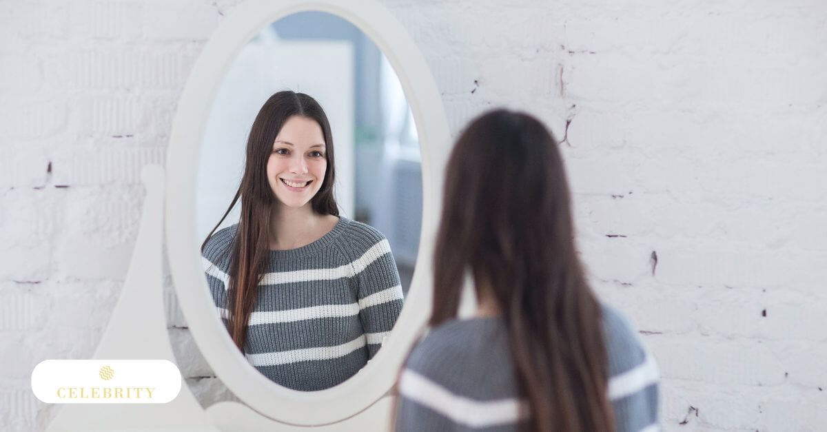 Happy woman checking her skin progress after multiple facial laser sessions