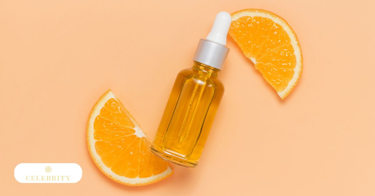 Citrus fruits and serums on a background, highlighting antioxidants beneficial for skin health