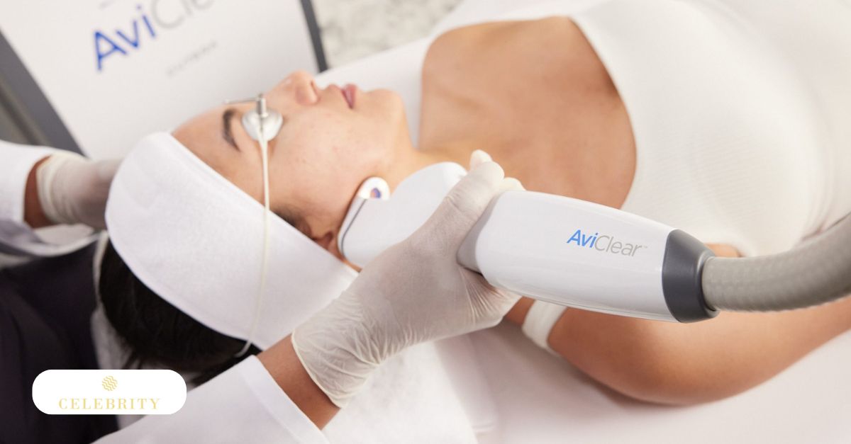 A woman undergoing an AviClear treatment for acne, with a device positioned near her face