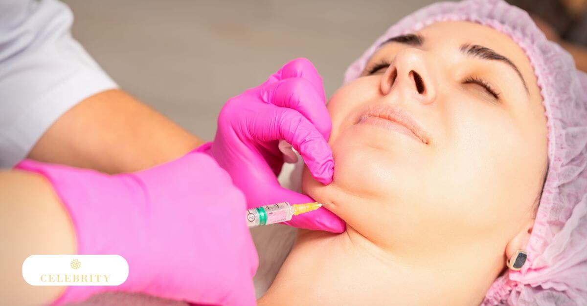 Close-up of a Belkyra injection procedure under the chin performed by a medical professional wearing blue gloves