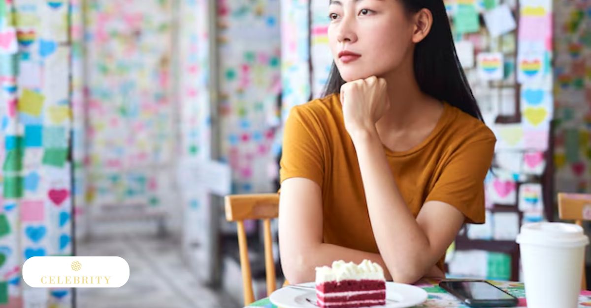 A woman sits at a table with a slice of cake and soda in front of her