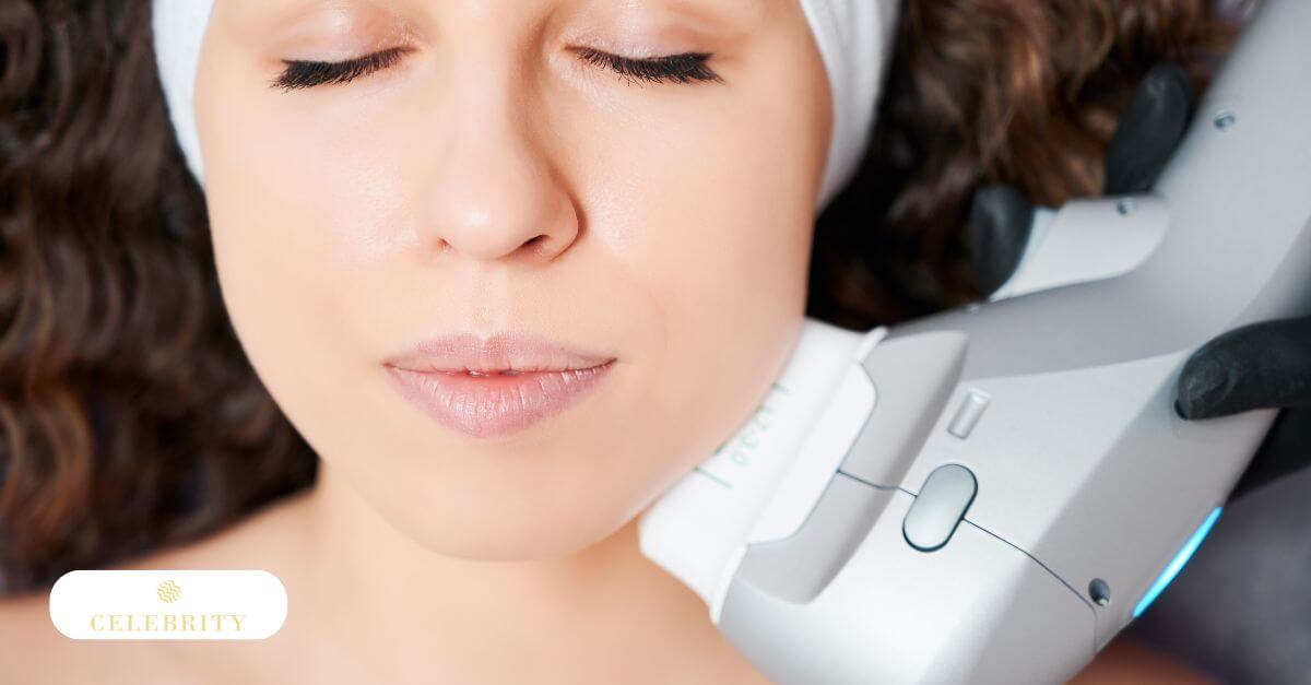 A woman with smooth, glowing skin next to a cutting-edge device for Morpheus8 treatment