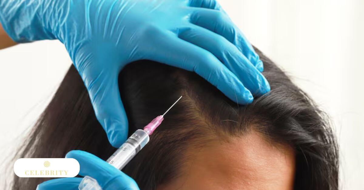 A healthcare provider wearing gloves carefully injects PRP into the scalp of a seated female