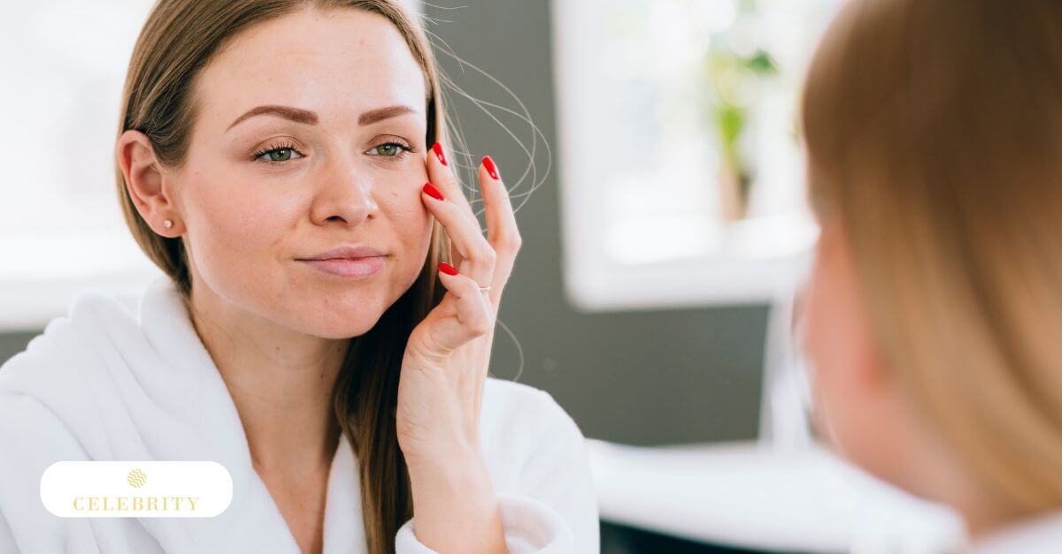 A woman gently touches her under-eye area after a cosmetic procedure