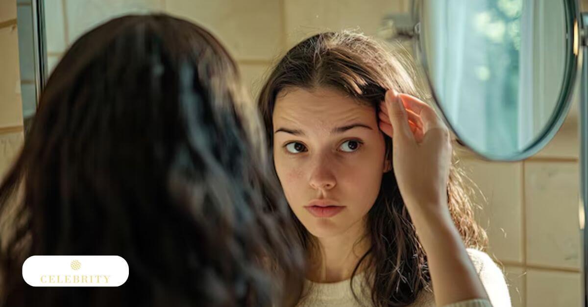 A woman examining thinning hair in the mirror