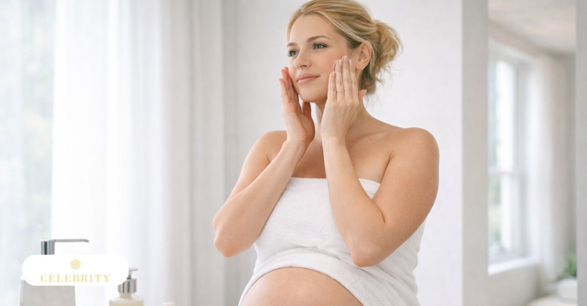 Pregnant woman gently applying skincare after a HydraFacial in a bright, calm bathroom setting.
