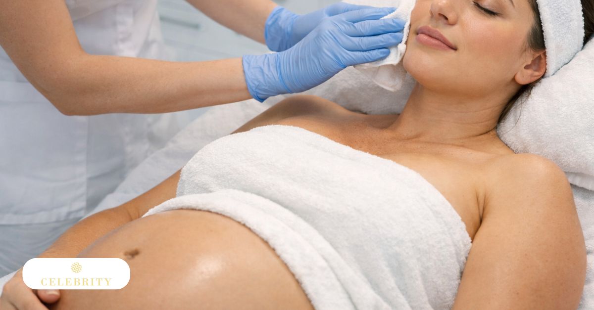Pregnancy-safe skincare treatment being performed in a clinical spa setting with gentle facial care.