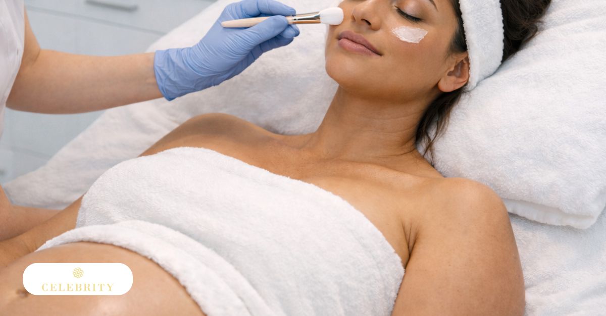 A pregnant woman relaxing during a facial treatment, highlighting a conservative skincare approach during pregnancy