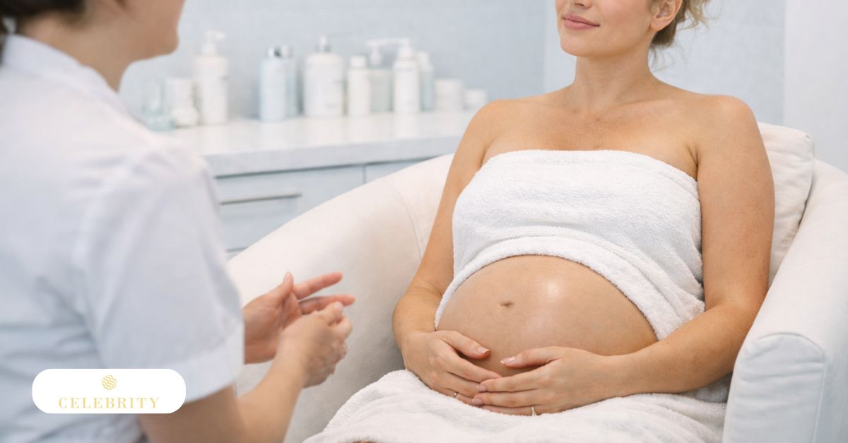 Expert advice on skincare during pregnancy, showing a pregnant woman consulting with a skincare professional about safe facial treatments, gentle ingredients, and pregnancy-appropriate routines.