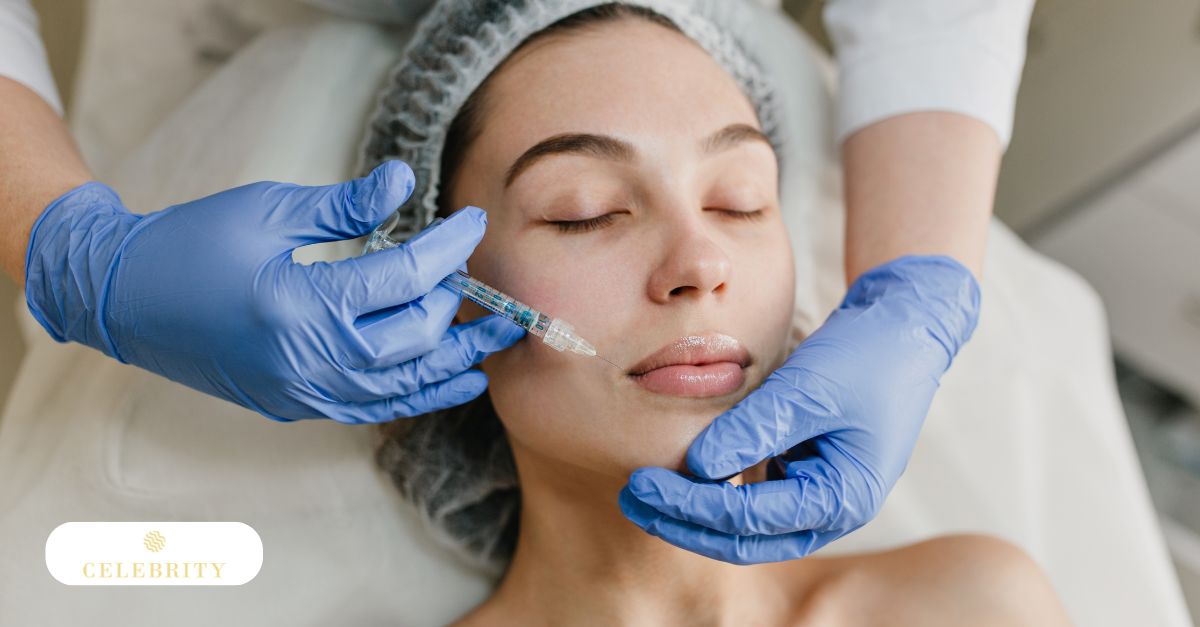 Licensed professional administering smile line filler injection to woman at Celebrity Laser & Skin Care.