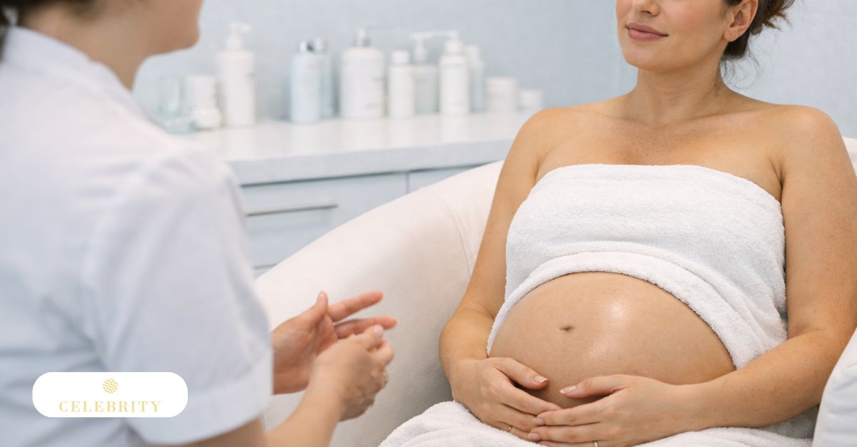 Skincare consultation discussing safety considerations for HydraFacial treatments during pregnancy.