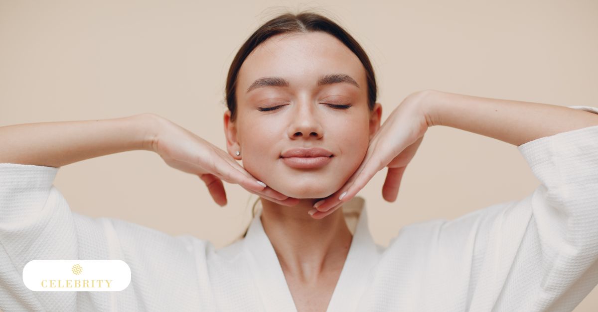 Woman practicing face yoga with hands gently supporting the jawline, a technique often discussed for facial muscle engagement and natural anti-aging routines