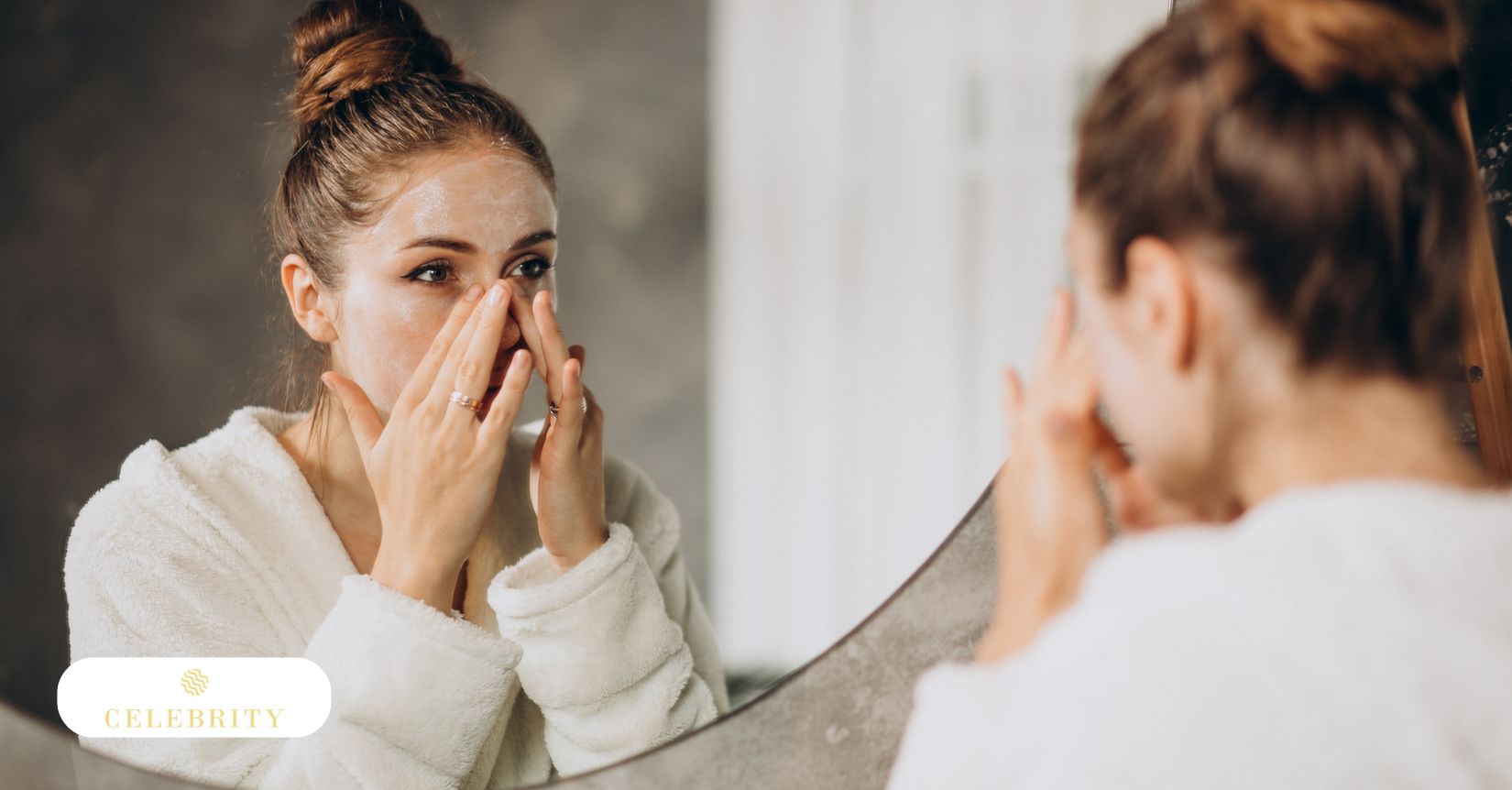Woman examining fine lines in mirror, concerned about wrinkles caused by lifestyle and aging habits.
