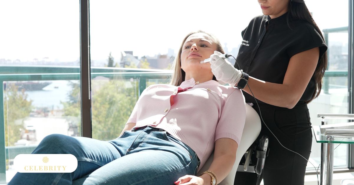Clinician performing microneedling on woman’s neck to improve sagging skin and firmness.
