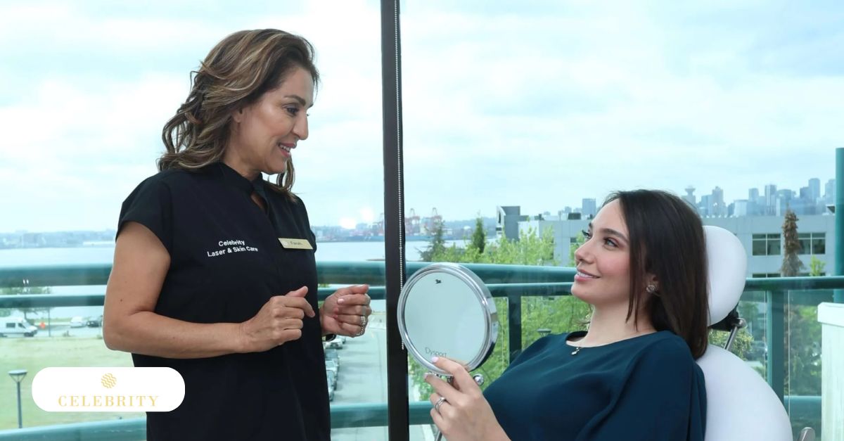 Client reviewing skin results during a HydraFacial consultation at Celebrity Laser & Skin Care.