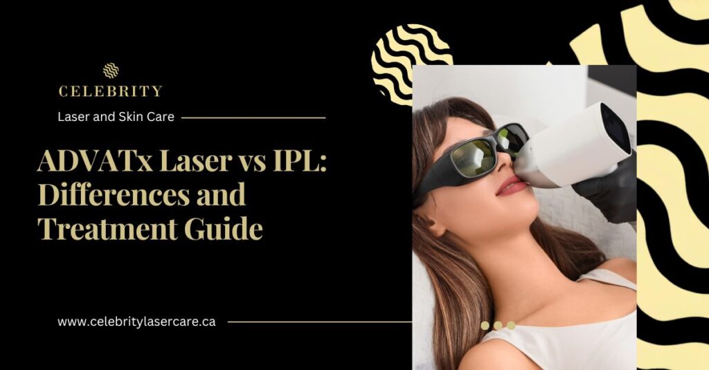 Client receiving facial laser treatment with protective eyewear showing the differences between ADVATx Laser and IPL