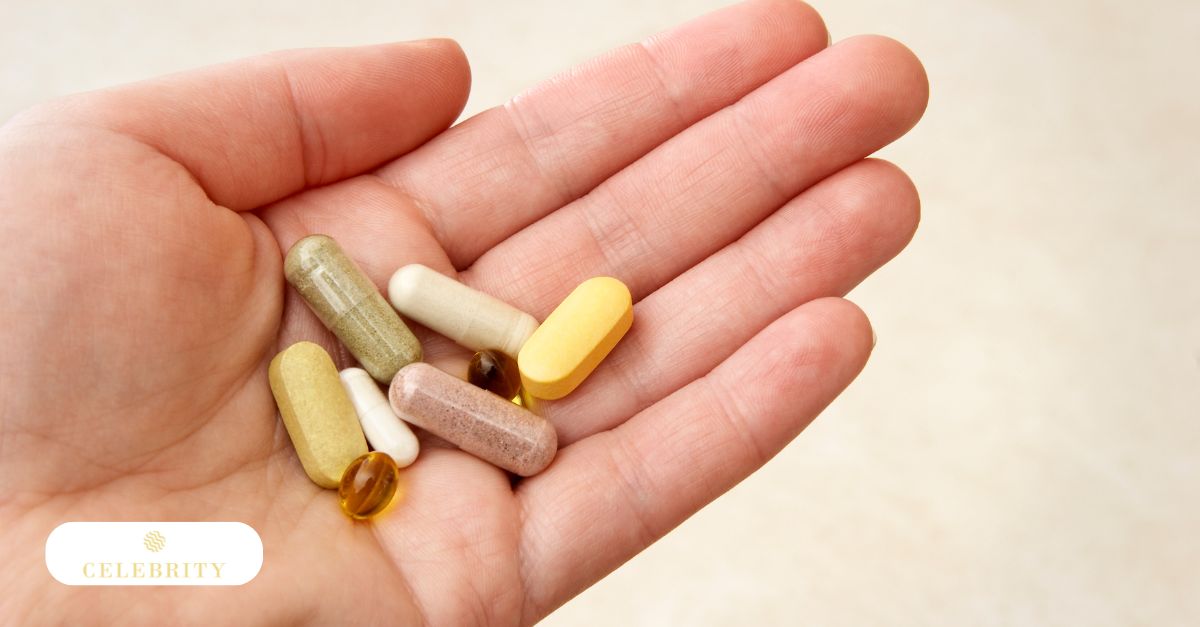 Woman holding a variety of supplements, representing taking vitamins before laser hair removal and reviewing safety considerations