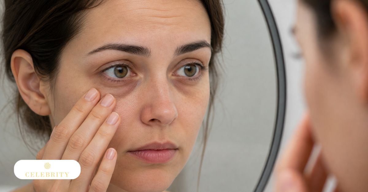 Woman noticing dark under-eye circles in the mirror while considering PRP for under eyes treatment