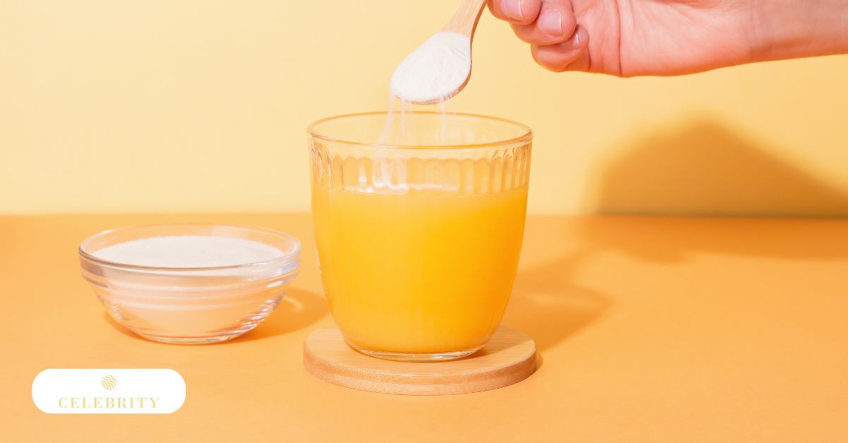 Mixing a spoonful of collagen powder into a drink, illustrating the daily use of collagen supplements for anti-aging and skin tightening.