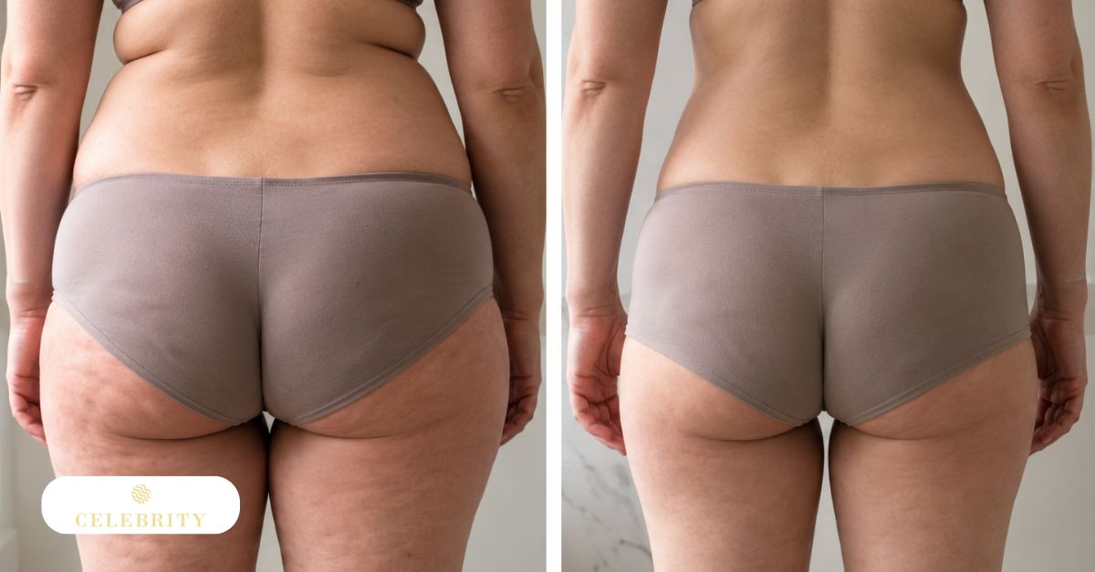 Before and after comparison of woman's buttocks revealing partial improvement in cellulite appearance due to weight loss.