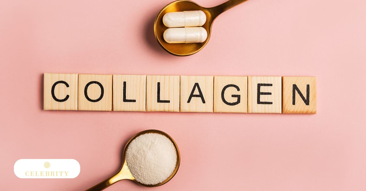 Wooden blocks spelling 'COLLAGEN' placed between two golden spoons containing collagen capsules and powder, explaining what is collagen and what does it do for skin.